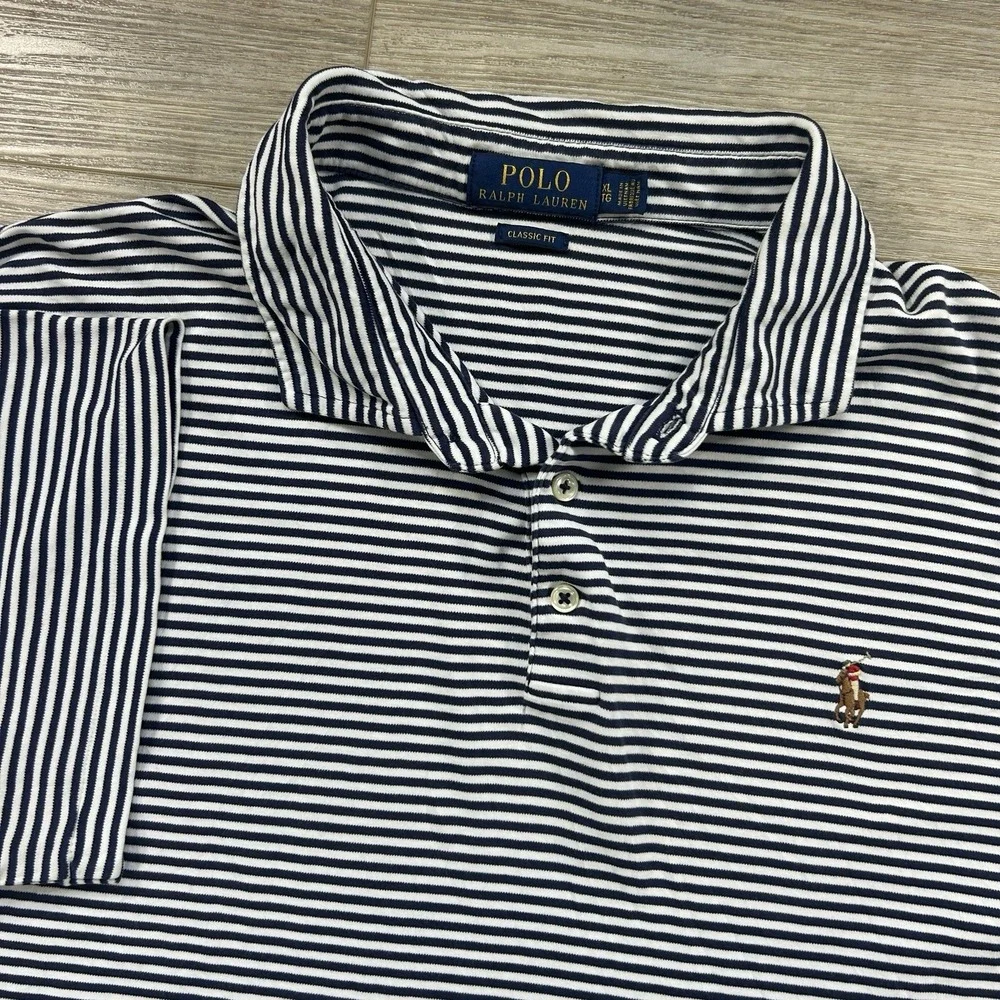 Polo Ralph Lauren XL Navy Blue Striped Classic Fit Cotton Polo Shirt Flesh Pony